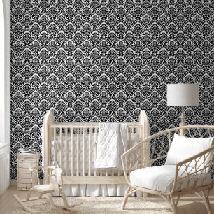 NOIR Jet Black Damask Seamless Pattern Wallpaper