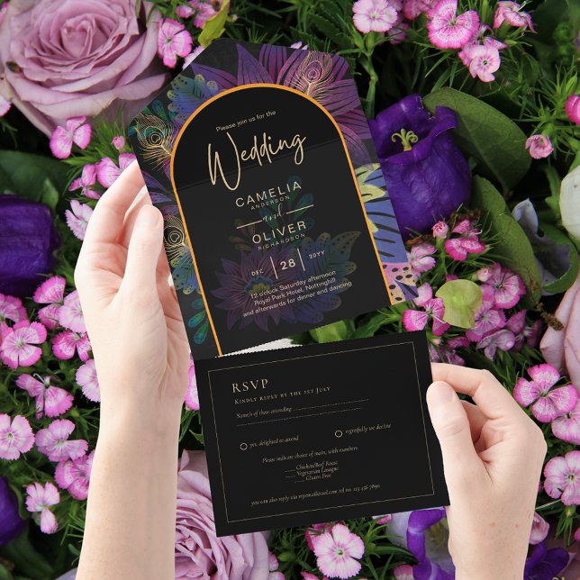 Noir Peacock Jewel Tones Floral Wedding All In One Invitation (Creator Uploaded)