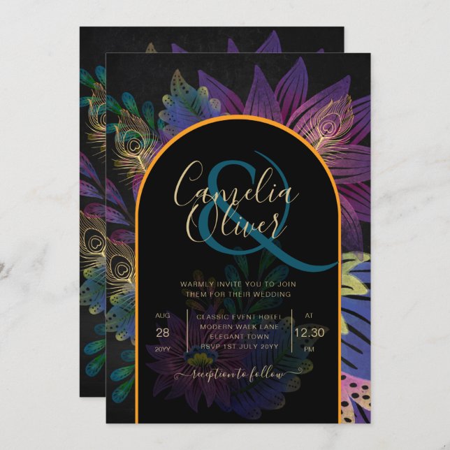 Noir Peacock Jewel Tones Floral Wedding Invitation (Front/Back)