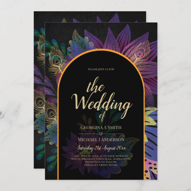 Noir Peacock Jewel Tones Floral Wedding Invitation (Front/Back)