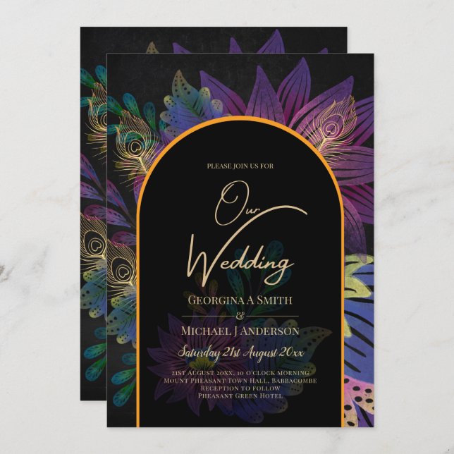 Noir Peacock Jewel Tones Floral Wedding Invitation (Front/Back)