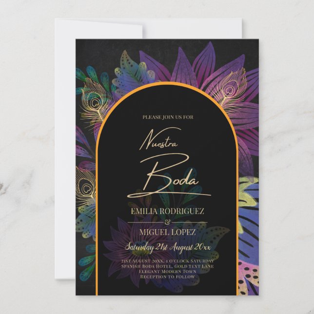 Noir Peacock Jewel Tones Floral Wedding Invitation (Front)