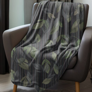 Noir Woven Leaves And Stripes Fleece Blanket