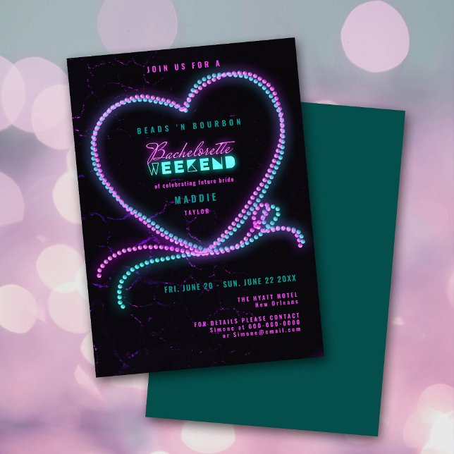Nola Beads Bourbon Neon Heart Bachelorette Weekend Invitation (Creator Uploaded)