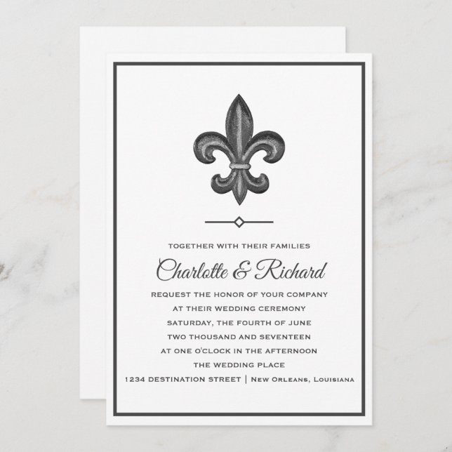 Nola Grey & White French Fleur De Lis Wedding Invitation (Front/Back)