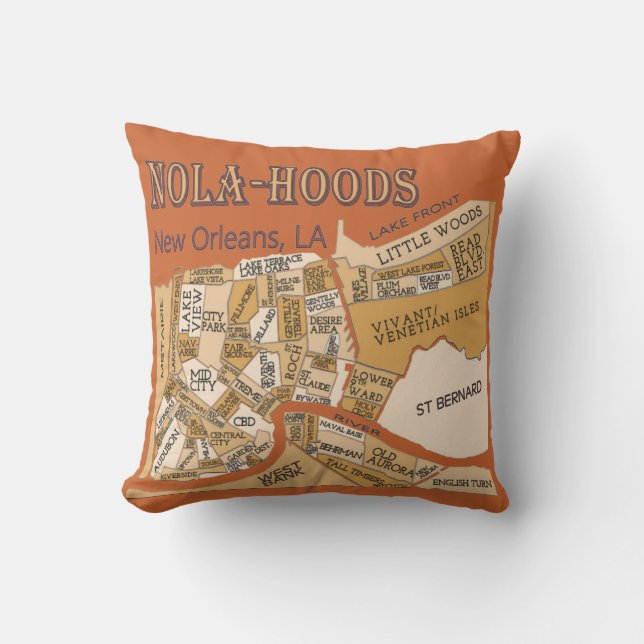 Nola-Hoods, New Orleans Neighbourhood Maps, Cushion (Front)