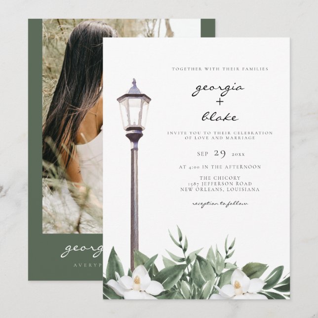 NOLA | New Orleans Magnolia Bourbon Street Wedding Invitation (Front/Back)