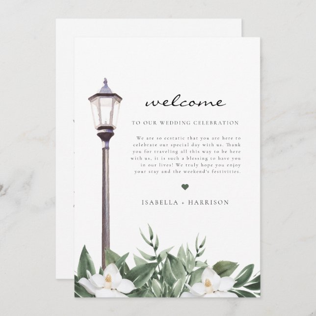 NOLA Watercolor Magnolia Welcome Letter Timeline   Menu (Front/Back)