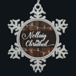 Nollaig Chridheil Scottish Gaelic Merry Christmas Snowflake Pewter Christmas Ornament<br><div class="desc">Scottish Christmas greeting (in Scots Gaelic) - Nollaig Chridheil rustic style holday ornament,  with a Scottish flag bauble,  Christmas lights and snow design on a rustic background.</div>
