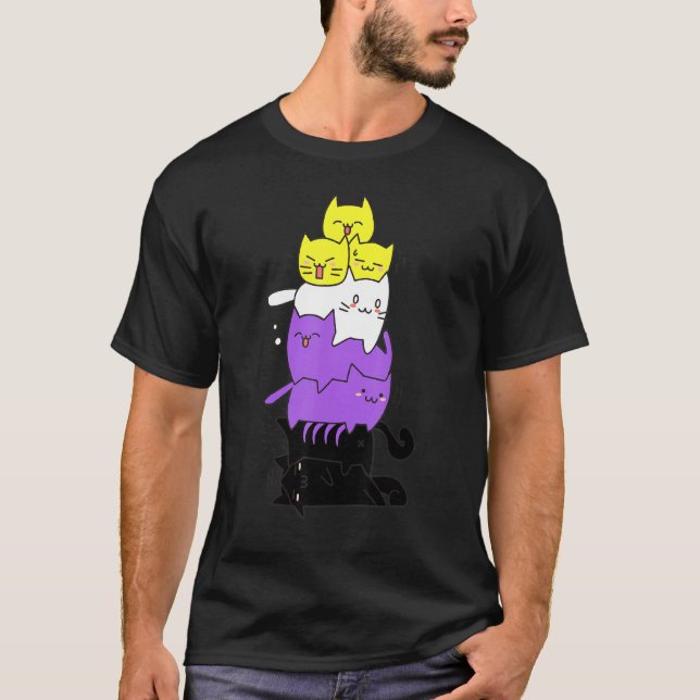 Non Binary Flag Cute Cats Pile Nonbinary Pride Cat T-Shirt (Front)