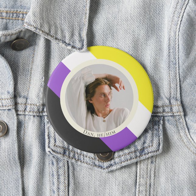 Non-binary flag gender pronouns photo  3 cm round badge (Creator Uploaded)