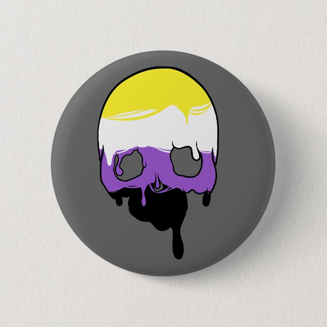 Non-Binary Pride Dripping Skull 6 Cm Round Badge (Front)