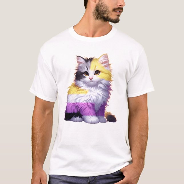 Non Binary Pride Nonbinary Flag Cat LGBTQ Pride T-Shirt (Front)