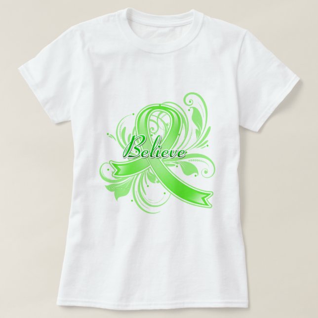 Non-Hodgkin’s Lymphoma Believe Flourish Ribbon T-Shirt (Design Front)