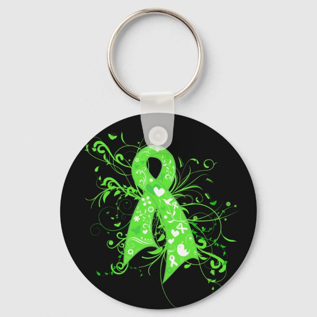 Non-Hodgkins Lymphoma Floral Swirls Ribbon Key Ring (Front)