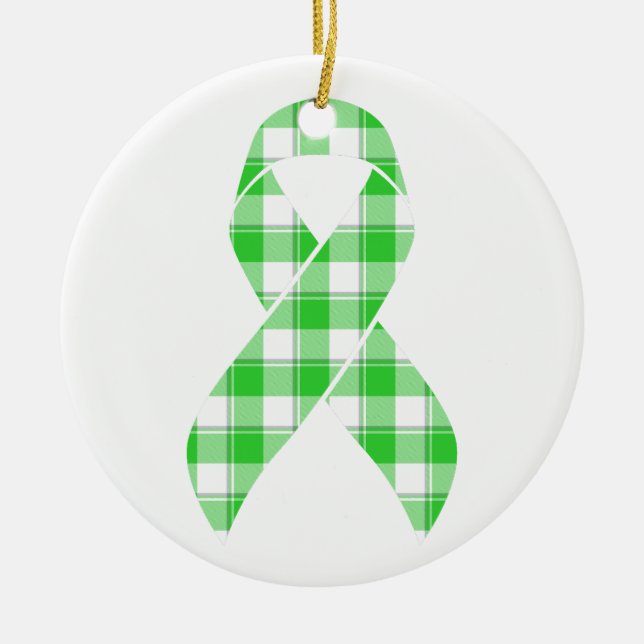 Non-Hodgkin's Lymphoma Plaid Green Ribbon Ceramic Tree Decoration (Front)