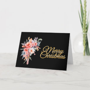 Non-Photo Floral Cross Black Merry Christmas Card