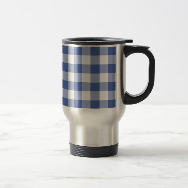 Non-spill Travel Mug, Dark Blue Check Gingham Mug (Right)