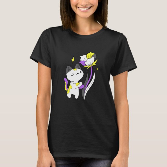 Nonbinary Cat Flower Nonbinary Flag LGBT Nonbinary T-Shirt (Front)