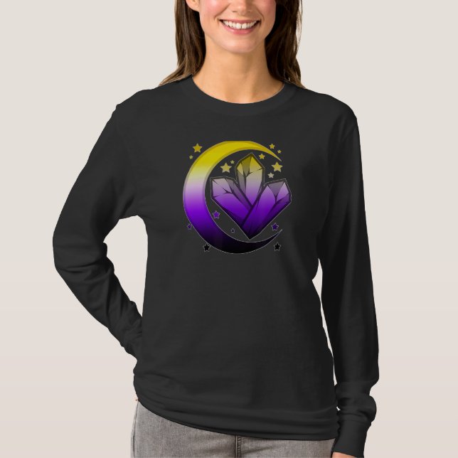 Nonbinary Celestial Spiritual Enby Pride Moon Boho T-Shirt (Front)