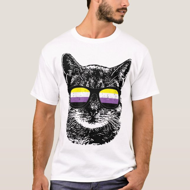 Nonbinary Gay Pride Cat LGBT Sunglasses T-Shirt (Front)