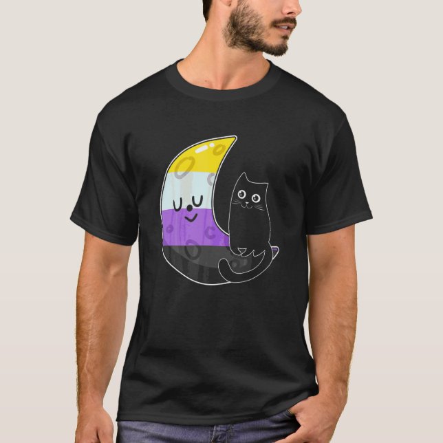 Nonbinary Moon Space Cat Lgb Pride With Nb Non Bin T-Shirt (Front)