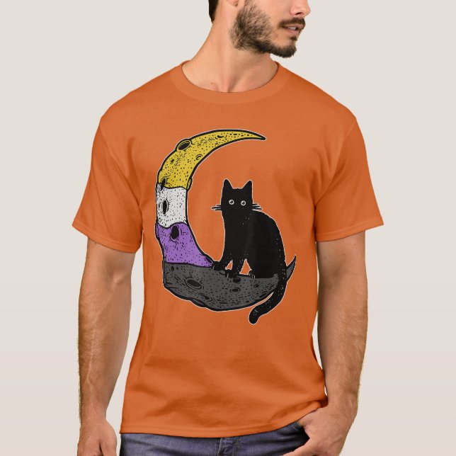 Nonbinary Moon Space Cat LGBT Pride with NB NonBin T-Shirt (Front)
