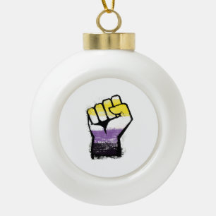 Nonbinary Pride Protest Fist Ceramic Ball Christmas Ornament