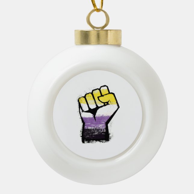 Nonbinary Pride Protest Fist Ceramic Ball Christmas Ornament (Front)