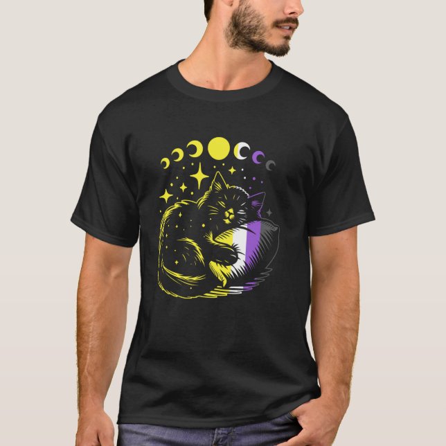 Nonbinary Pride Sleeping Cat Moon Stars LGBTQ Art T-Shirt (Front)