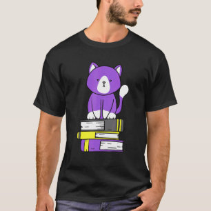 Nonbinary Subtle Pride Cute Cat Book Pile Non Bina T-Shirt