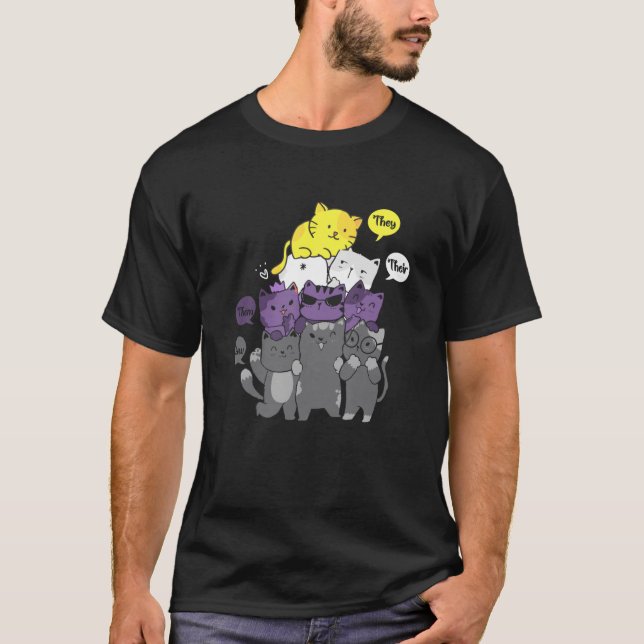 Nonbinary They Their Them Meow Cute Non-Binary Fla T-Shirt (Front)