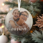 Nonna Grandma Script Overlay Glass Tree Decoration<br><div class="desc">Create a sweet gift for a special grandmother with this beautiful custom ornament. "Nonna" appears as an elegant white script overlay on your favourite photo of grandma and her grandchild or grandchildren.</div>