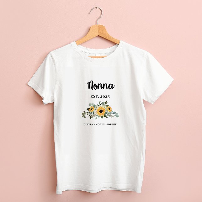 Nonna | Pretty Rustic Sunflower and Names T-Shirt (A pretty shirt decorated with sunflowers that your Nonna will wear proudly)