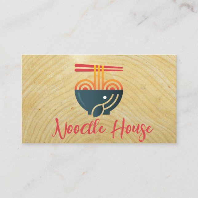 Noodle Bowl and Chopsticks | Wood Grain Business Card (Front)