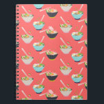 Noodle Bowl with Tofu, Lime and Chopsticks Coral Notebook<br><div class="desc">This whimsical Asian noodle bowl pattern features decorative bowls in teal,  black and white filled with rice noodles,  tofu,  lime carrots and more. In coral,  green,  orange,  white and black.</div>