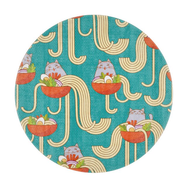 Noodles Funny Cats Turquoise Background Cutting Board (Front)