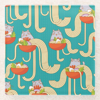 Noodles Funny Cats Turquoise Background Glass Coaster