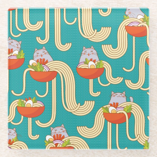 Noodles Funny Cats Turquoise Background Glass Coaster (Front)