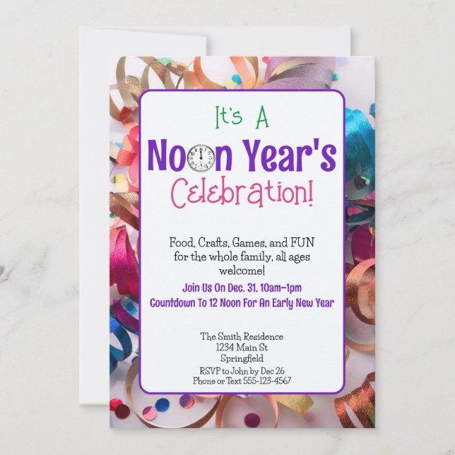 Noon Year's Eve Colourful Family Party  Invitation (Front)