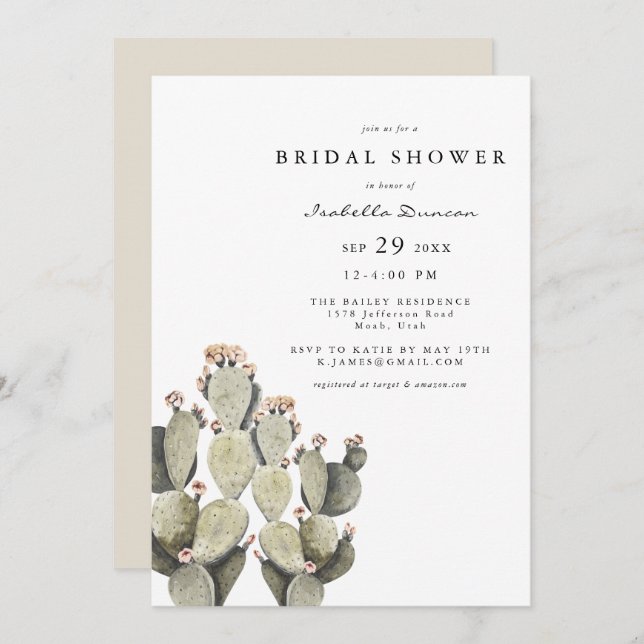 Norah - Bohemian Prickly Pear Cactus Watercolor Invitation (Front/Back)