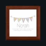 Norah customised name and meaning gift box<br><div class="desc">Pretty bunting personalised keepsake gift box. Perfect to showcase a extra special gift. Gift box currently reads Norah A shining light. Forever cheery and optimistic. Enterprising with an adventurous spirit, or you can be personalise with your own name, initial on the centre flag and name meaning words. Original bunting flag...</div>