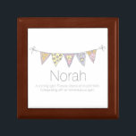 Norah customised name and meaning gift box<br><div class="desc">Pretty bunting personalised keepsake gift box. Perfect to showcase a extra special gift. Gift box currently reads Norah A shining light. Forever cheery and optimistic. Enterprising with an adventurous spirit, or you can be personalise with your own name, initial on the centre flag and name meaning words. Original bunting flag...</div>
