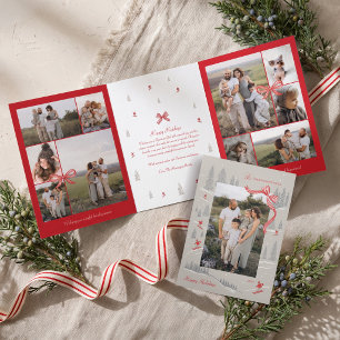 Nordic Alpine Red Bow Photo Collage Christmas Tri-Fold Holiday Card