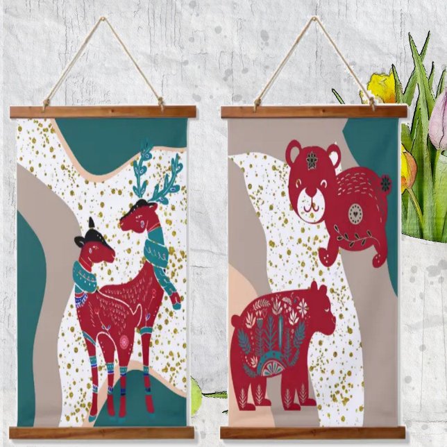 Nordic Animals Deer Couple Bear Gold Hail Boho Art Hanging Tapestry (Creator Uploaded)