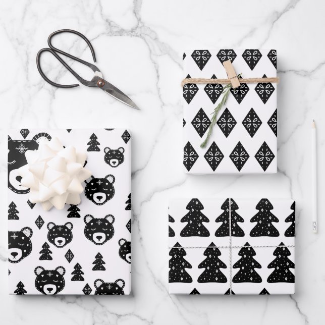 Nordic Bear Christmas Wrapping Paper Set of 3 (Front)