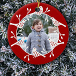Nordic Bird Photo Ceramic Tree Decoration<br><div class="desc">A festive wreath of birds and rose hips surrounds your own photo in this pretty Scandinavian style red and white Christmas holiday decoration. 

Photo credit: Photography © Storytree Studios,  Stanford,  CA</div>