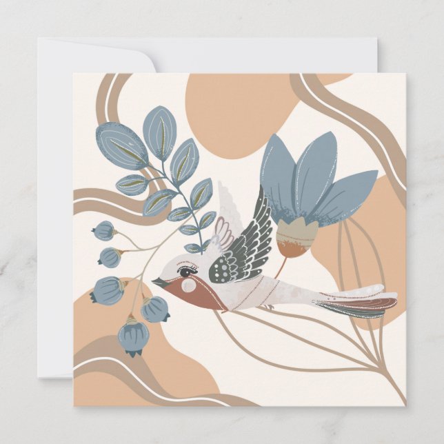 Nordic Birds and Flowers In Blue and Tan Card (Front)