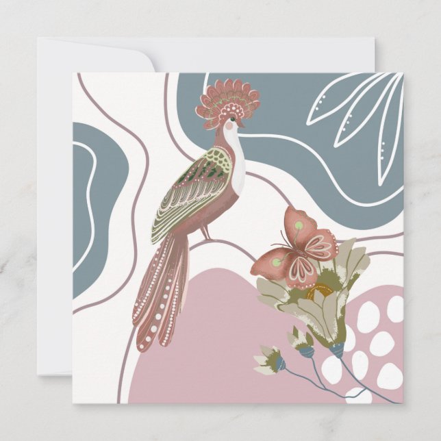 Nordic Birds and Flowers In Blue and Tan Note Card (Front)