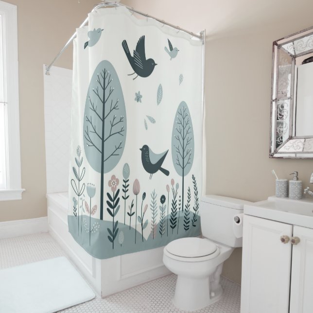 Nordic Birds & Forest Shower Curtain (In Situ)